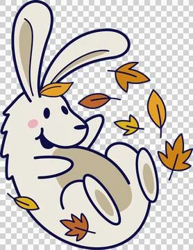 Cartoon rabbit is lying on back in flat design, autumn leaves are swirling, Stock Illustration