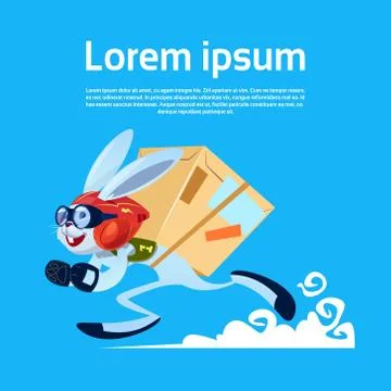 Cartoon Rabbit Running Carry Boxes Fast Delivery Service Banner With Copy Space Stock Illustration
