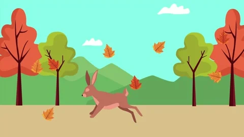 Cartoon rabbit running through autumn forest landscape with falling leaves .. Stock Footage 339045480