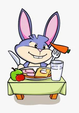 A cartoon rabbit sitting at a table and eating イラスト素材