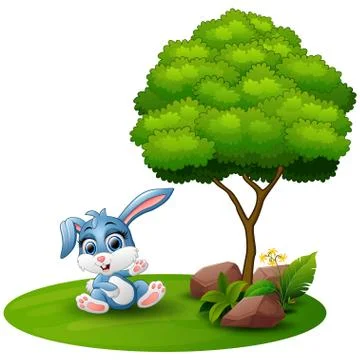 Cartoon rabbit sitting under a tree on a white background 스톡 일러스트