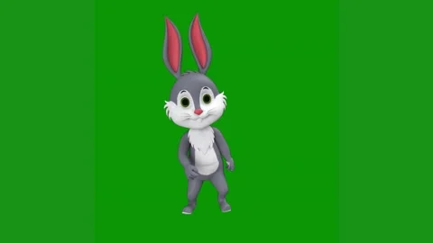 Cartoon rabbit standing front green background screen green screen animated Stock Footage 314064601
