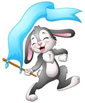 Cartoon rabbit waving flags blue ribbon Stock Illustration