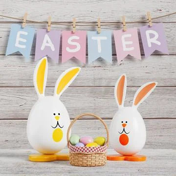 Cartoon Rabbits in Shape of Easter Egg with Basket of Eggs in Front of East.. Illustrazione stock