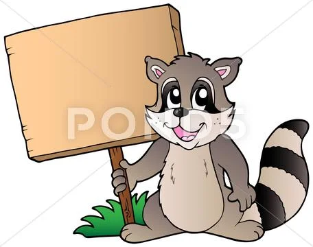 Cartoon racoon holding wooden board Stock Illustration
