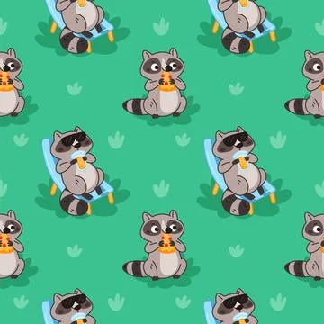 Cartoon racoons seamless pattern. Cute little animals relaxing in nature, eat Stock Illustration