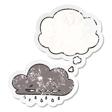 Cartoon rain cloud and thought bubble as a distressed worn sticker Stock Illustration