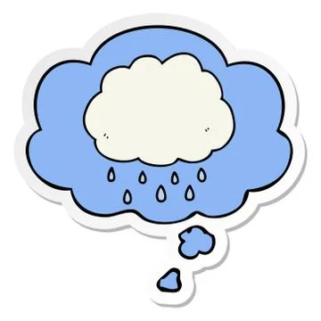 Cartoon rain cloud and thought bubble as a printed sticker Stock Illustration