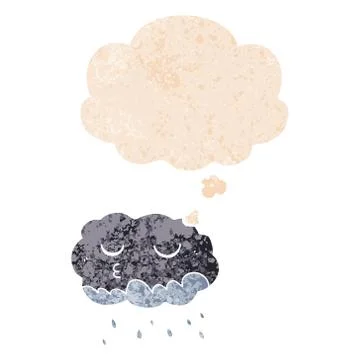 Cartoon rain cloud and thought bubble in retro textured style Stock Illustration