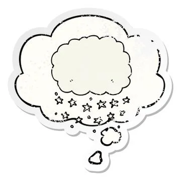 Cartoon rain cloud and thought bubble as a distressed worn sticker 스톡 일러스트