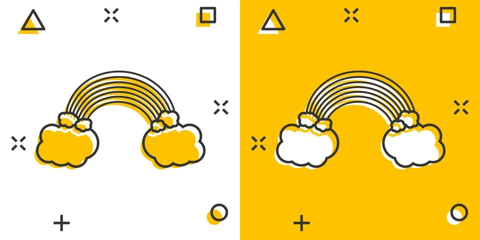 Cartoon rainbow with clouds icon in comic style. Weather illustration pictogr Stock Illustration