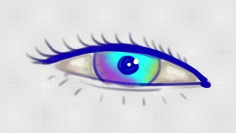 A cartoon rainbow eye blinks on a black screen. Stock female eye in 4K with Stock Footage 248479540