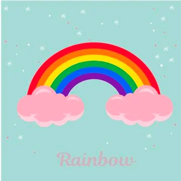 Cartoon rainbow with pink clouds on pattern background 스톡 일러스트