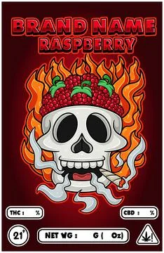 Cartoon Raspberry Fruit on Skull Head Smoking And Burning Fire Backgrounds... Stock Illustration