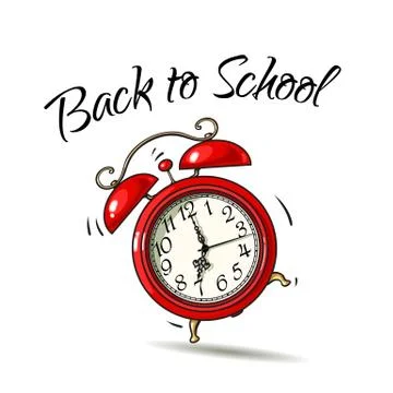 Cartoon red alarm clock ringing. Back to school text. Black and white Sketch Stock Illustration