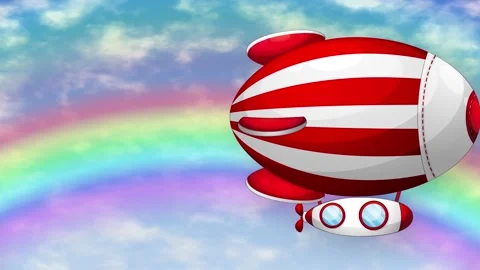 Cartoon Red and White Striped Blimp Flying Past a Rainbow Stock Footage 344714754