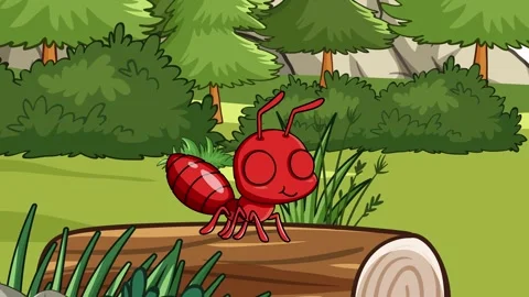 Cartoon Red Ant Standing on a Log in a Forest Landscape Stock Footage 331835382