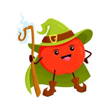 Cartoon red apple fruit wizard magician character Stock-Illustration