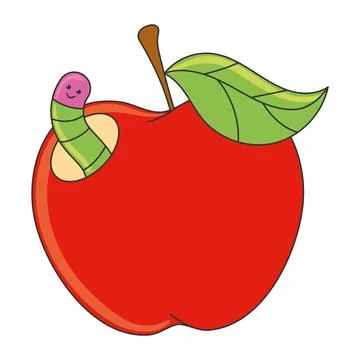 Cartoon red apple with worm and green leaf Vector Stock Illustration