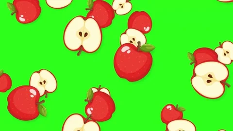 Cartoon Red Apples and Apple Slices Falling on Green Background Stock Footage 344518619