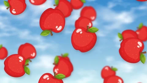 Cartoon Red Apples Falling Against a Bright Blue Sky Background Stock Footage 345206769