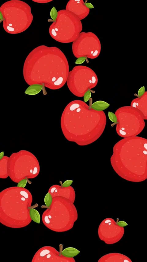 Cartoon Red Apples Falling Against a Solid Black Background Stock Footage 345705342