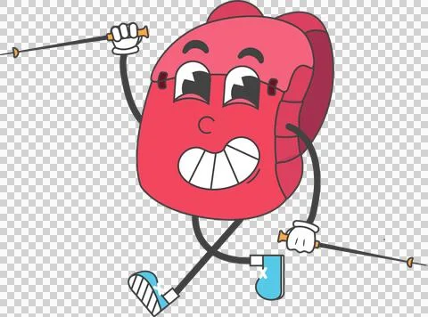 Cartoon red backpack is skiing with ski poles, wearing mismatched footwear, Stock Illustration