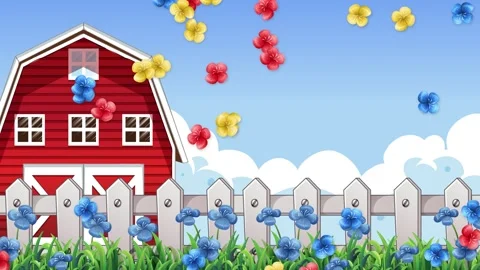 Cartoon Red Barn with Falling Colorful Flowers and White Picket Fence Stock Footage 340259841