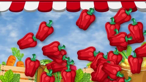Cartoon Red Bell Peppers Raining Down on a Farmers Market Stall Stock Footage 346274262