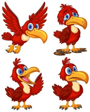 Cartoon Red Bird Character with Multiple Expressions and Poses Stock Illustration