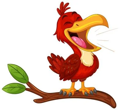 Cartoon Red Bird Singing on Tree Branch Stock Illustration