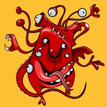 Cartoon red creature with many different eyes mouths and limbs Stock Illustration