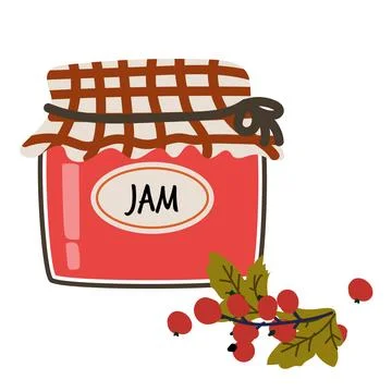 Cartoon red currant jam with berry. Hand drawn rustic preserve with checkered Stock Illustration