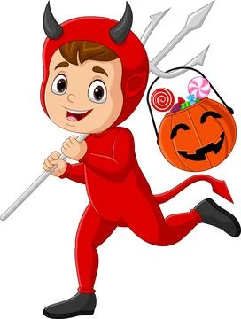 Cartoon red devil carrying candy in a pumpkin basket Illustrazione stock