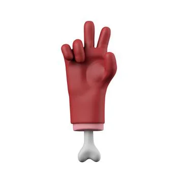 Cartoon red devil halloween V sign chopped off hand with bone. 3D Rendering Stock Illustration