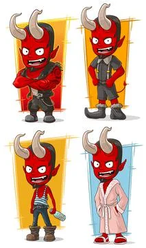 Cartoon red devil with horns characters vector set Stock-Illustration
