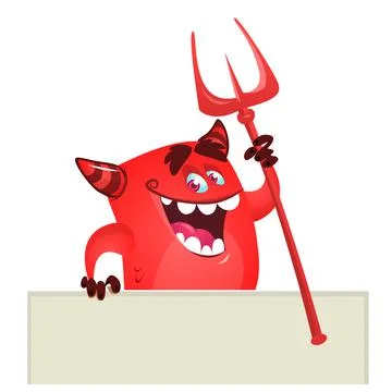 Cartoon red devil monster holding blank wooden board or placard. Vector monst Illustrazione stock
