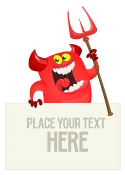 Cartoon red devil monster holding blank wooden board or placard. Halloween de Stock Illustration