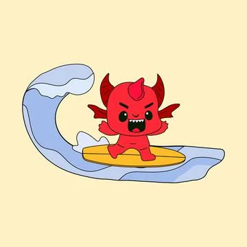 Cartoon red devil surfing on a wave Illustrazione stock