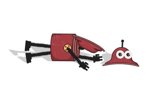 Cartoon red fallen robot in retro style. Vector illustration on a white backg Illustrazione stock