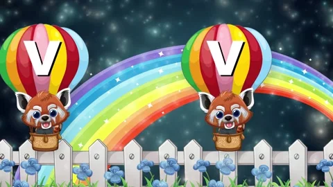 Cartoon Red Panda Characters Floating in Hot Air Balloons Over Rainbow Stock Footage 341715437