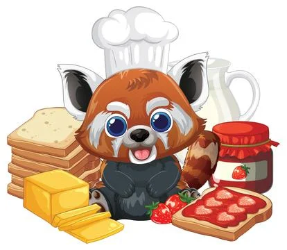 Cartoon Red Panda Chef with Breakfast Toast and Strawberry Jam Stock Illustration