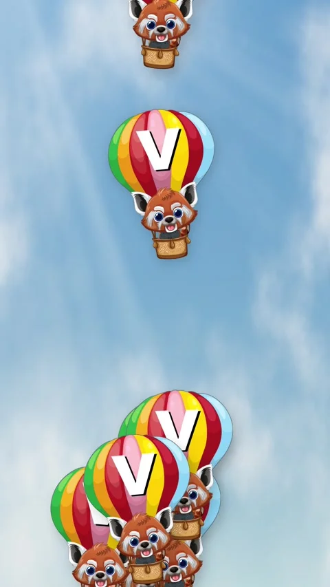 Cartoon Red Pandas Falling in Hot Air Balloons Against Cloudy Sky Stock Footage 341461985