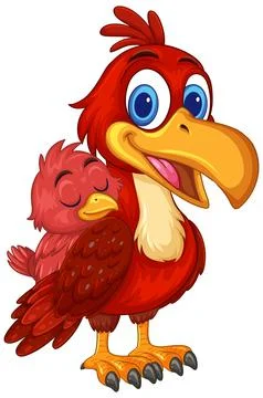 Cartoon Red Parrot with Sleeping Chick on Wing Stock Illustration