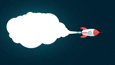 Cartoon red rocket flies in space. Space concept. A white cloud of smoke from 库存插图