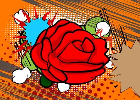 Cartoon Red Rose, comic book Flower. Retro vector comics pop art design. Illustrazione stock
