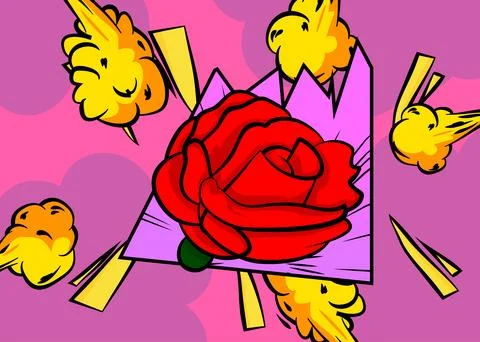 Cartoon Red Rose, comic book Holiday. Retro vector comics pop art design. 스톡 일러스트