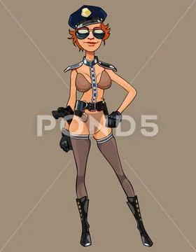 Cartoon redhead woman in erotic police outfit Stock Illustration
