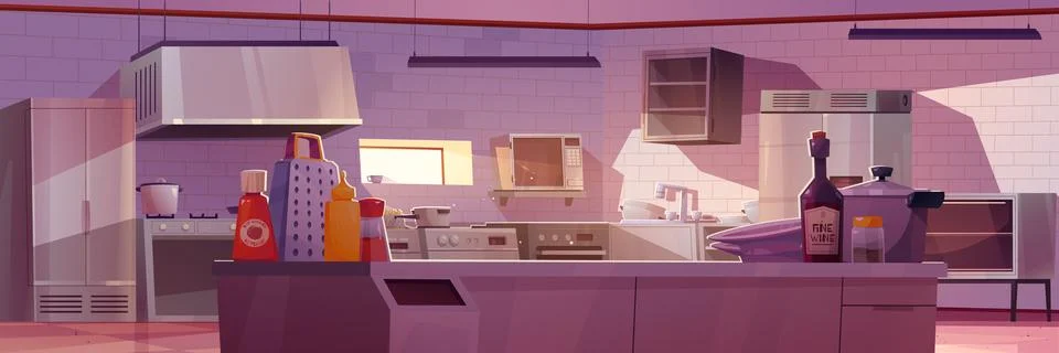Cartoon restaurant kitchen interior table view イラスト素材