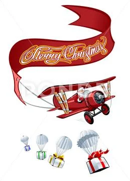 Cartoon retro Christmas airplane with banner Stock Illustration